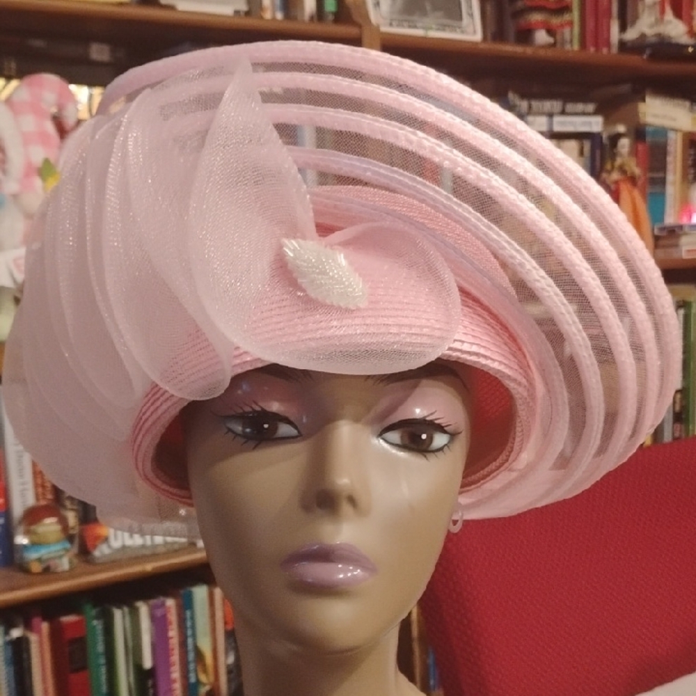 Pink Sculptural Wide-Brimmed Hat with Wave Design
